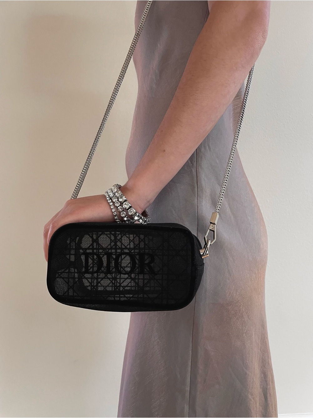 DIOR Black Mesh Crossbody Bag purse wristlet Chain silver Strap